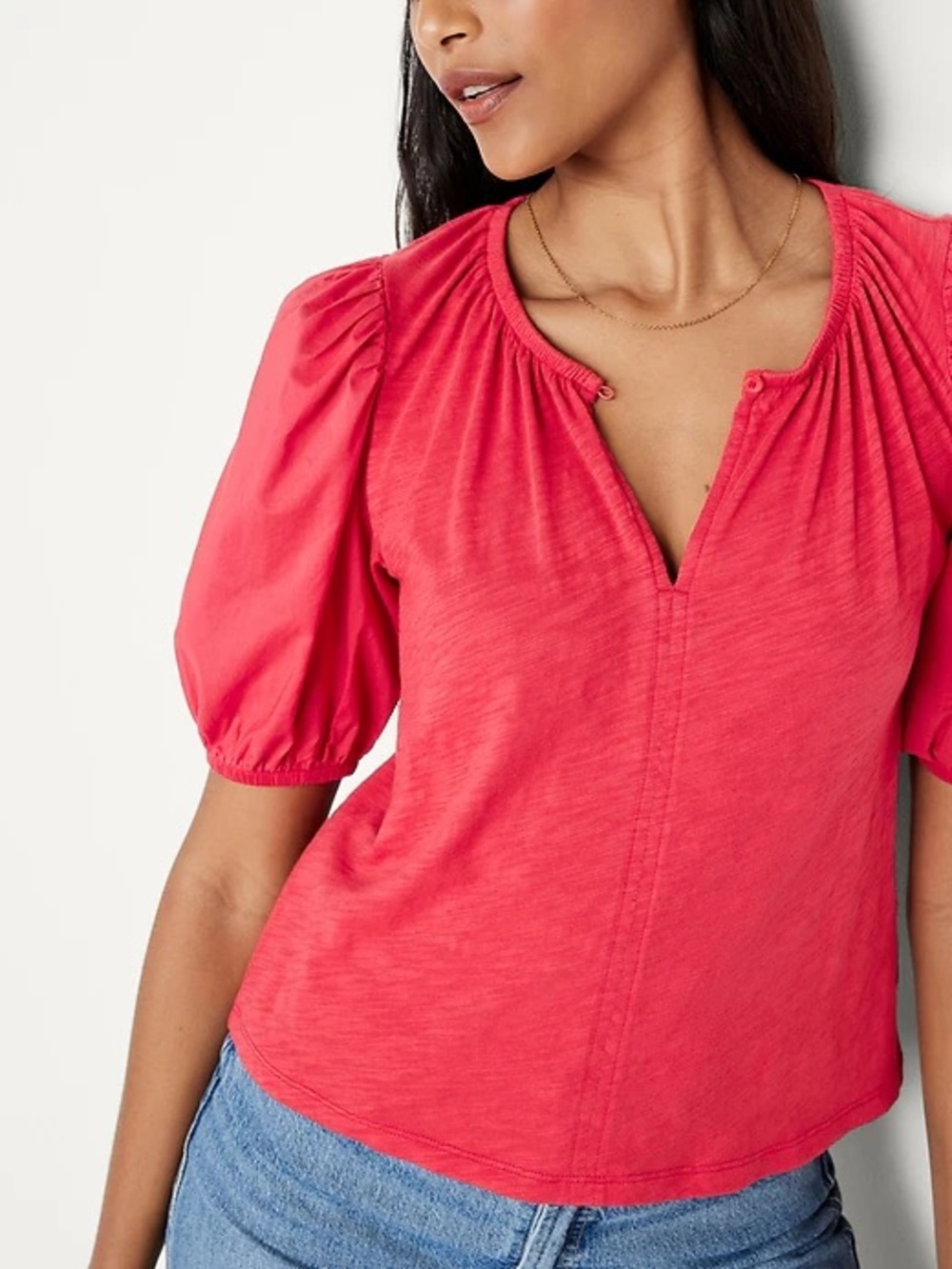 Women's Red Puff Sleeve Slub Knit Top